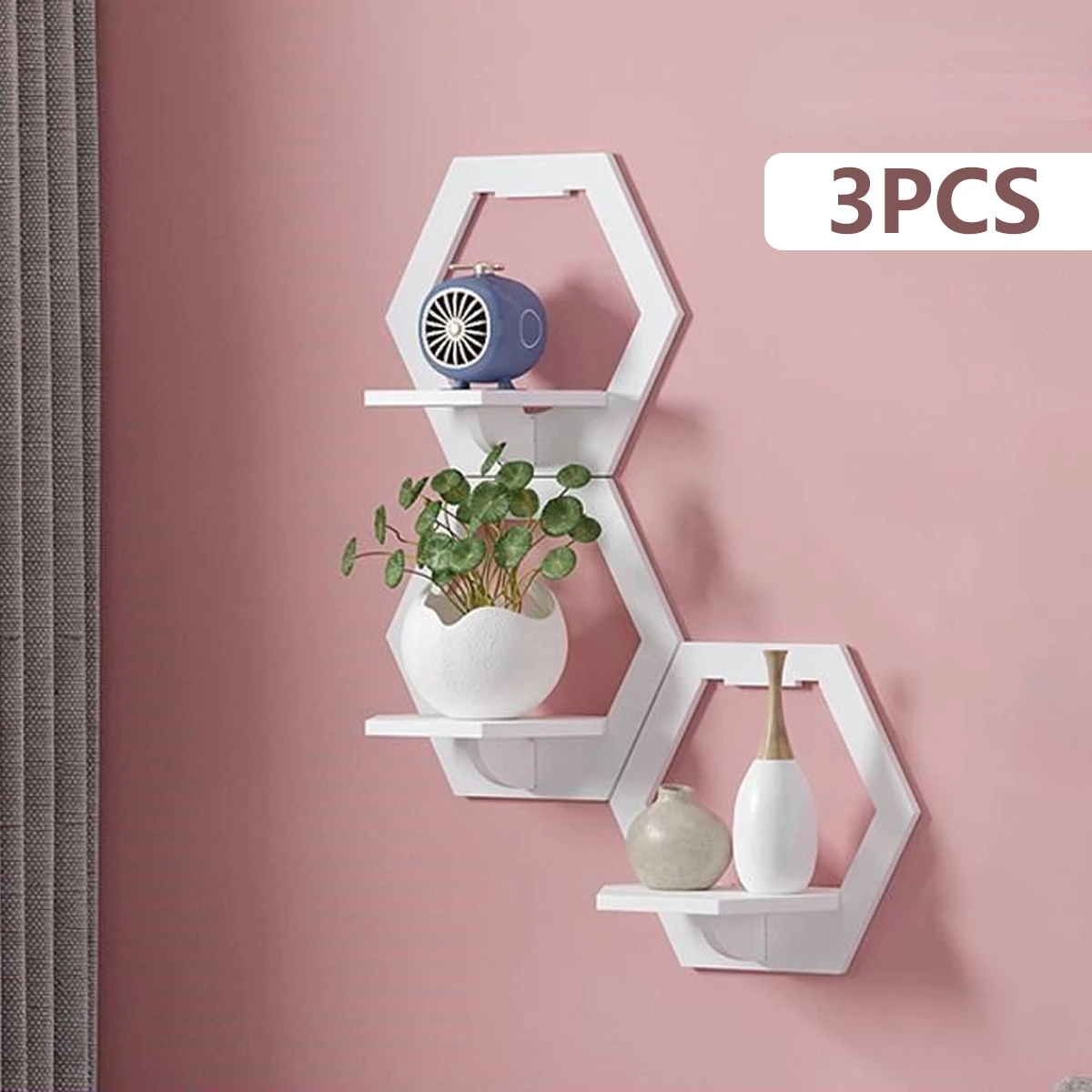 Home Bar Shelf - 3Pcs Sześciokątna półka ścienna Punch Free