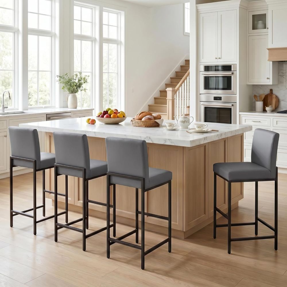 Home Bar Stools - Zestaw 4 szarych, tapicerowanych krzeseł barowych